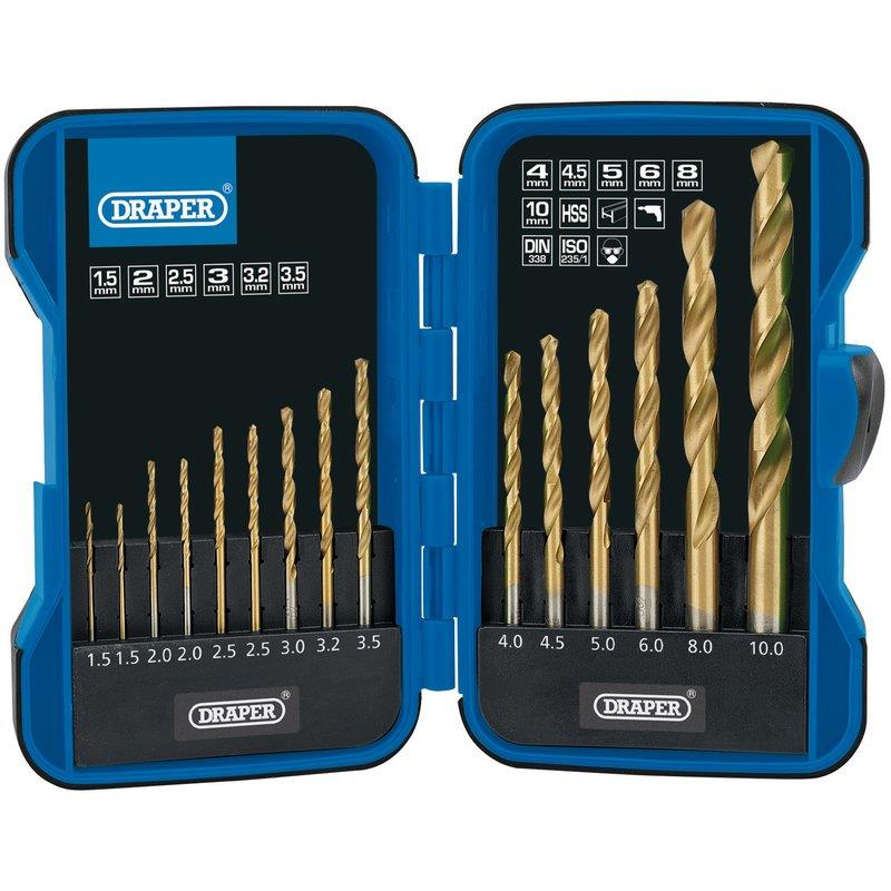 DRAPER HSS DRILL BIT SET 15PC TITANIUM NITRIDE COATED STRAIGHT SHANK 18549