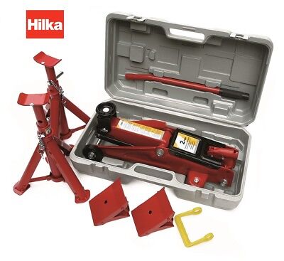 HILKA TROLLEY JACK 2 TONNE TON *DAMAGED CASE* WHEEL CHOCKS & AXLE STAND SET