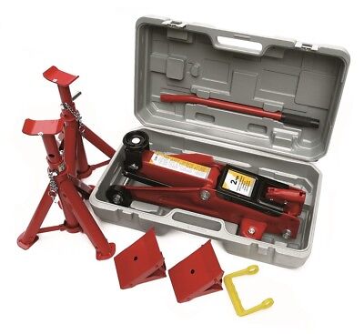 HILKA TROLLEY JACK 2 TONNE TON *DAMAGED CASE* WHEEL CHOCKS & AXLE STAND SET