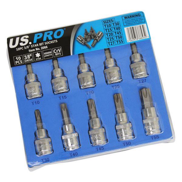 US PRO Torx Socket Bit Set 10pc Set 3/8" Drive Torx Star Keys In Foam Tray 2066