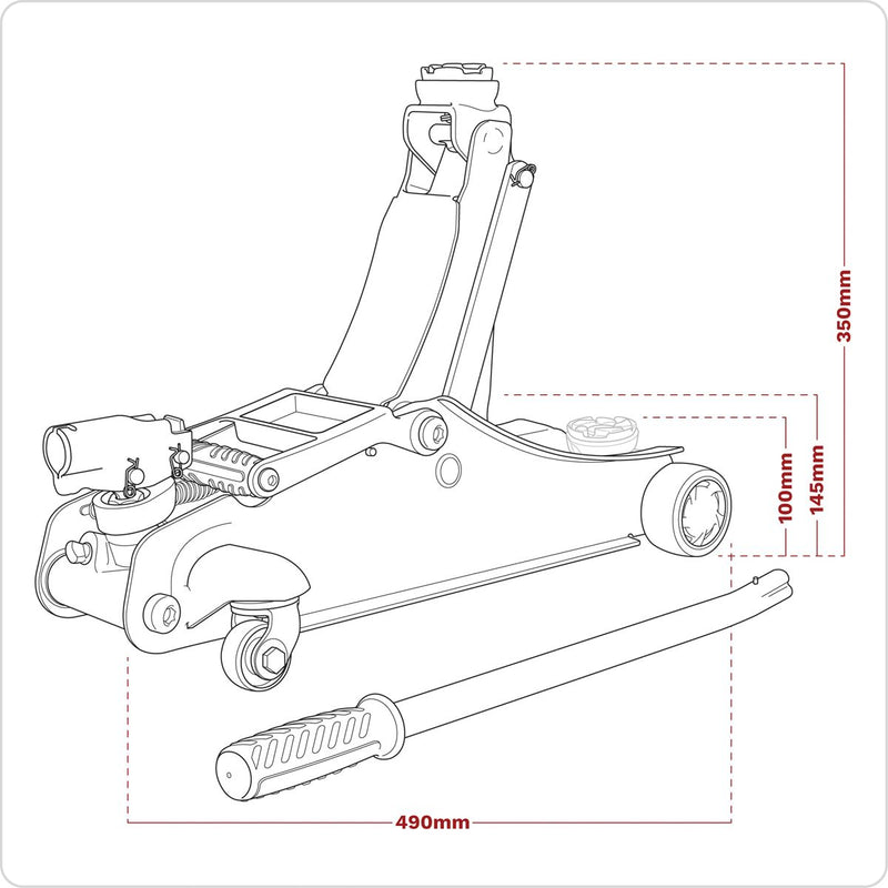 180� Handle Low Profile Short Chassis Trolley Jack 2 Tonne - Red