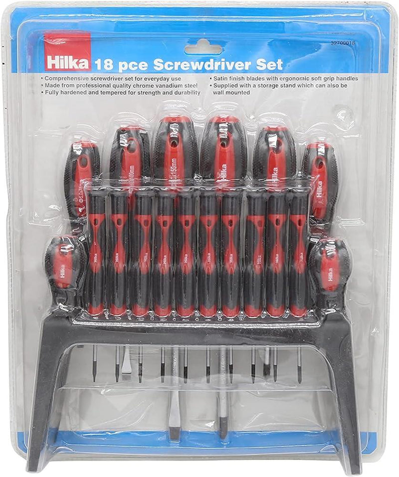 Hilka Screwdriver Set 18pc In Storage Rack Flat Slotted Phillips 32700018