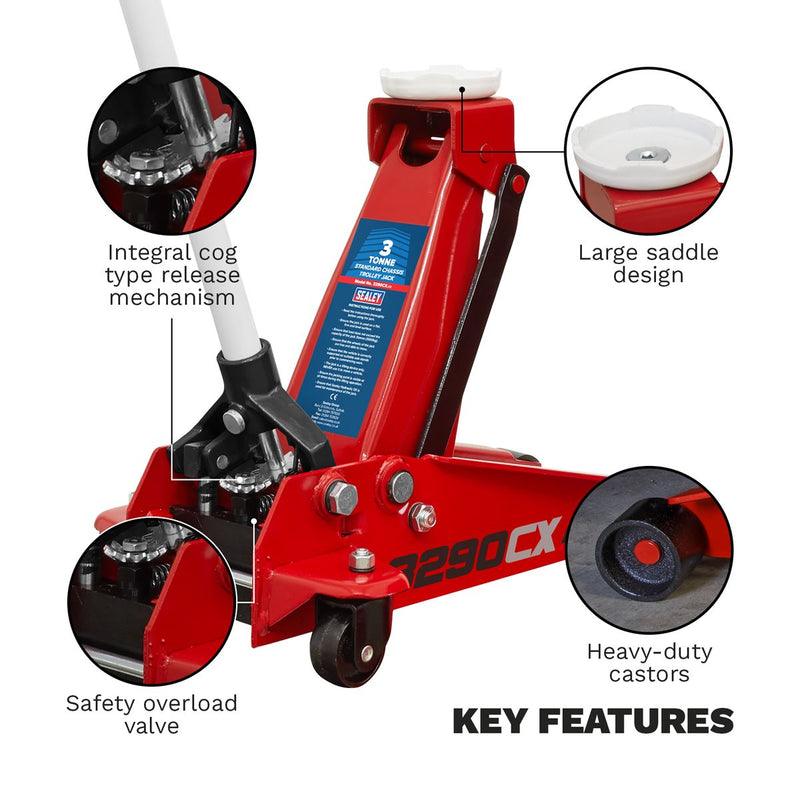 Sealey Trolley Jack 3 Tonne 3T Roadmaster Hydraulic Lifting Long Handle 3290CX