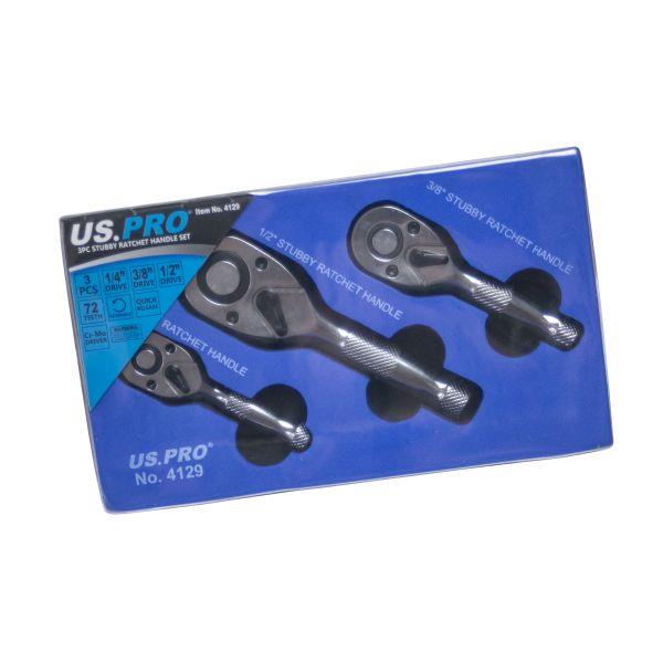 US PRO STUBBY RATCHET SET 3PC REVERSIBLE QUICK RELEASE 1/4" 1/2" 3/8" 4129