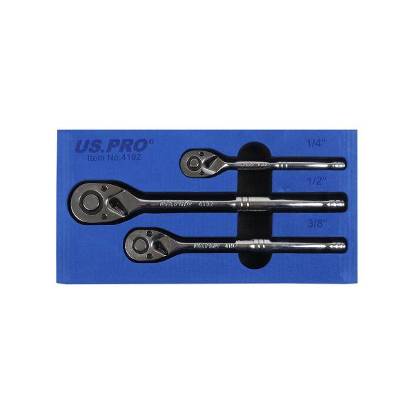 US PRO RATCHET SET 3PC REVERSIBLE QUICK RELEASE 1/4" 1/2" 3/8" 4192