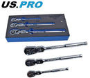US PRO FLEXI HEAD RATCHET SET 3PC REVERSIBLE FLEXIBLE HEAD 1/4" 1/2" 3/8" 4237
