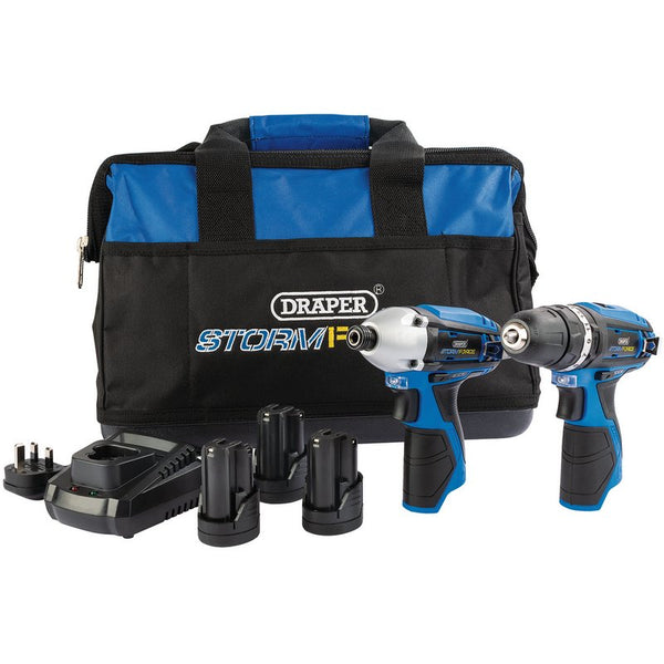 Draper Storm Force&#174; 10.8V Power Interchange Drill and Driver Twin Kit, 3 x 1.5Ah Batteries, 1 x Charger, 1 x Bag