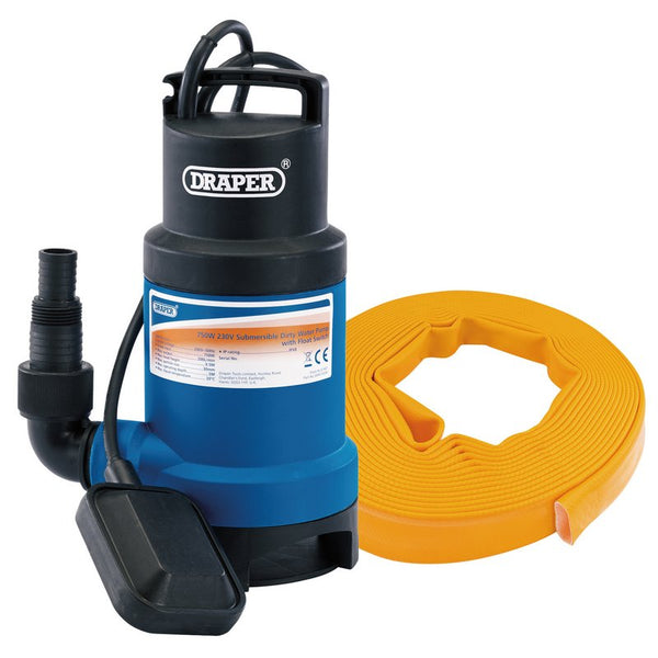 Submersible Dirty Water Pump Kit with Layflat Hose & Adaptor, 200L/Min, 10m x 25mm, 350W