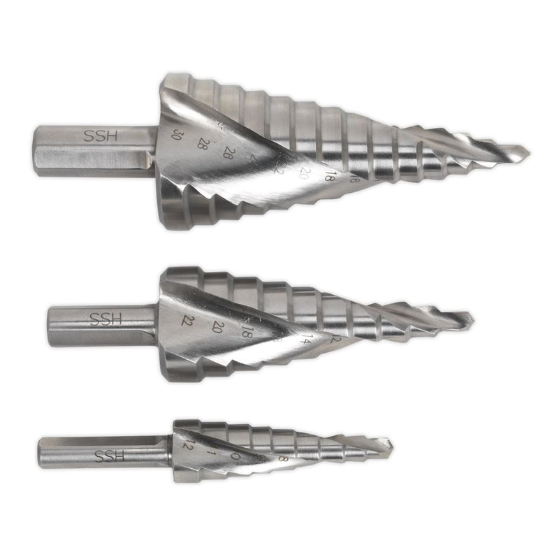 HSS 4341 Step Drill Bit Set 3pc Spiral Flute