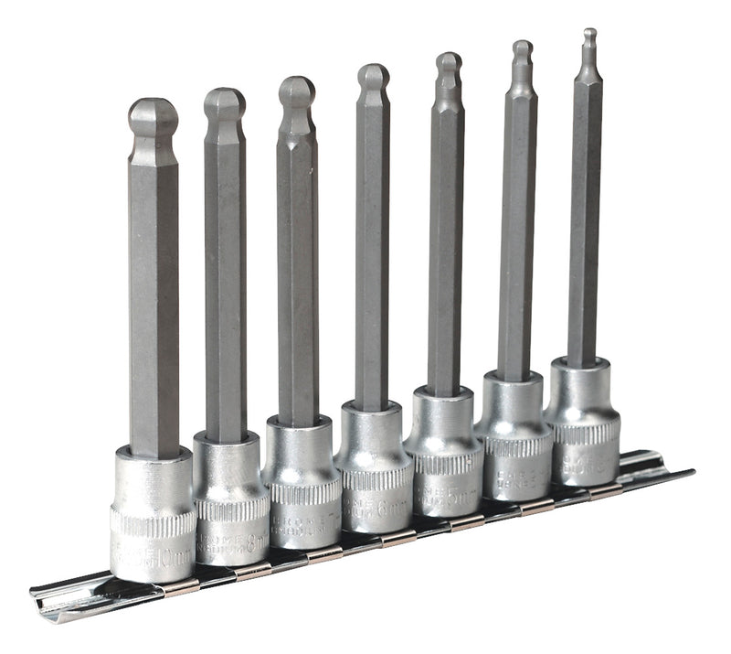 Ball-End Hex Socket Bit Set 7pc Metric 3/8"Sq Drive 100mm