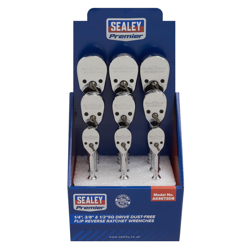 Ratchet Wrenches 1/4", 3/8" & 1/2"Sq Drive Pear-Head Flip Reverse Display Box of 9