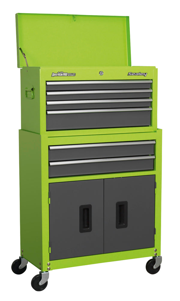 Topchest & Rollcab Combination 6 Drawer with Ball-Bearing Slides - Hi-Vis Green/Grey