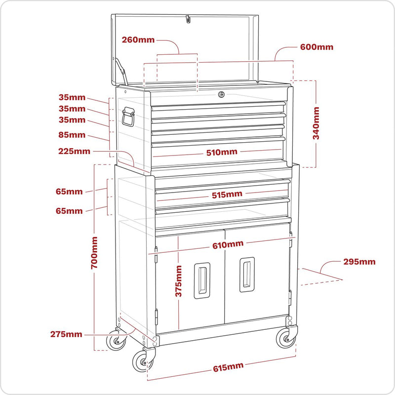 Topchest & Rollcab Combination 6 Drawer with Ball-Bearing Slides- Red