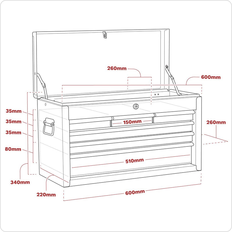 Topchest 6 Drawer with Ball-Bearing Slides - Red/Grey