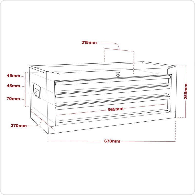 Mid-Box Tool Chest 3 Drawer with Ball-Bearing Slides - Black