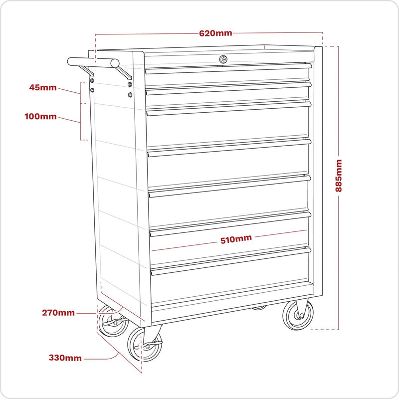 Rollcab 7 Drawer with Ball-Bearing Slides - Red/Grey