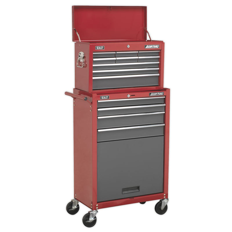 Topchest & Rollcab Combination 13 Drawer with Ball-Bearing Slides - Red/Grey