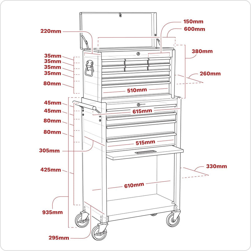 Topchest & Rollcab Combination 13 Drawer with Ball-Bearing Slides - Red/Grey