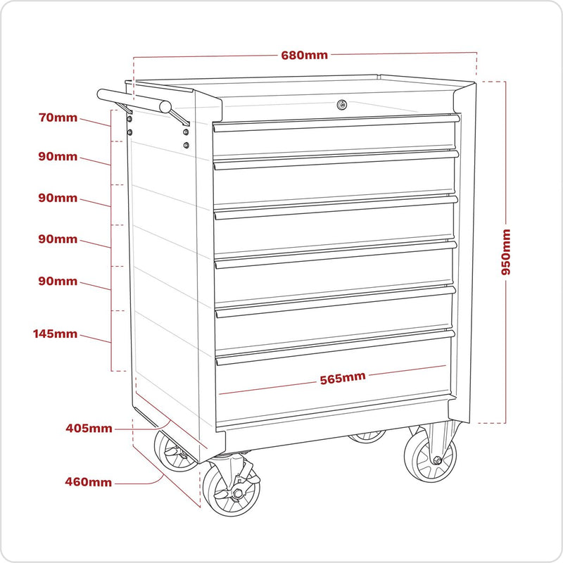 Rollcab 6 Drawer with Ball-Bearing Slides - Red