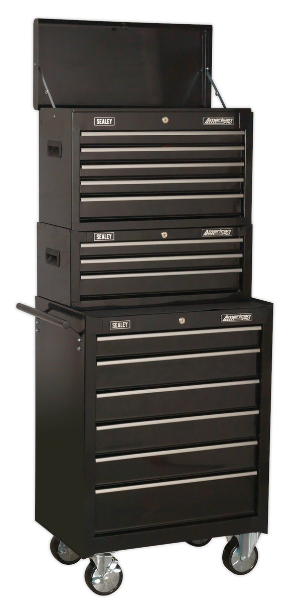 Topchest, Mid-Box Tool Chest & Rollcab 14 Drawer Stack - Black