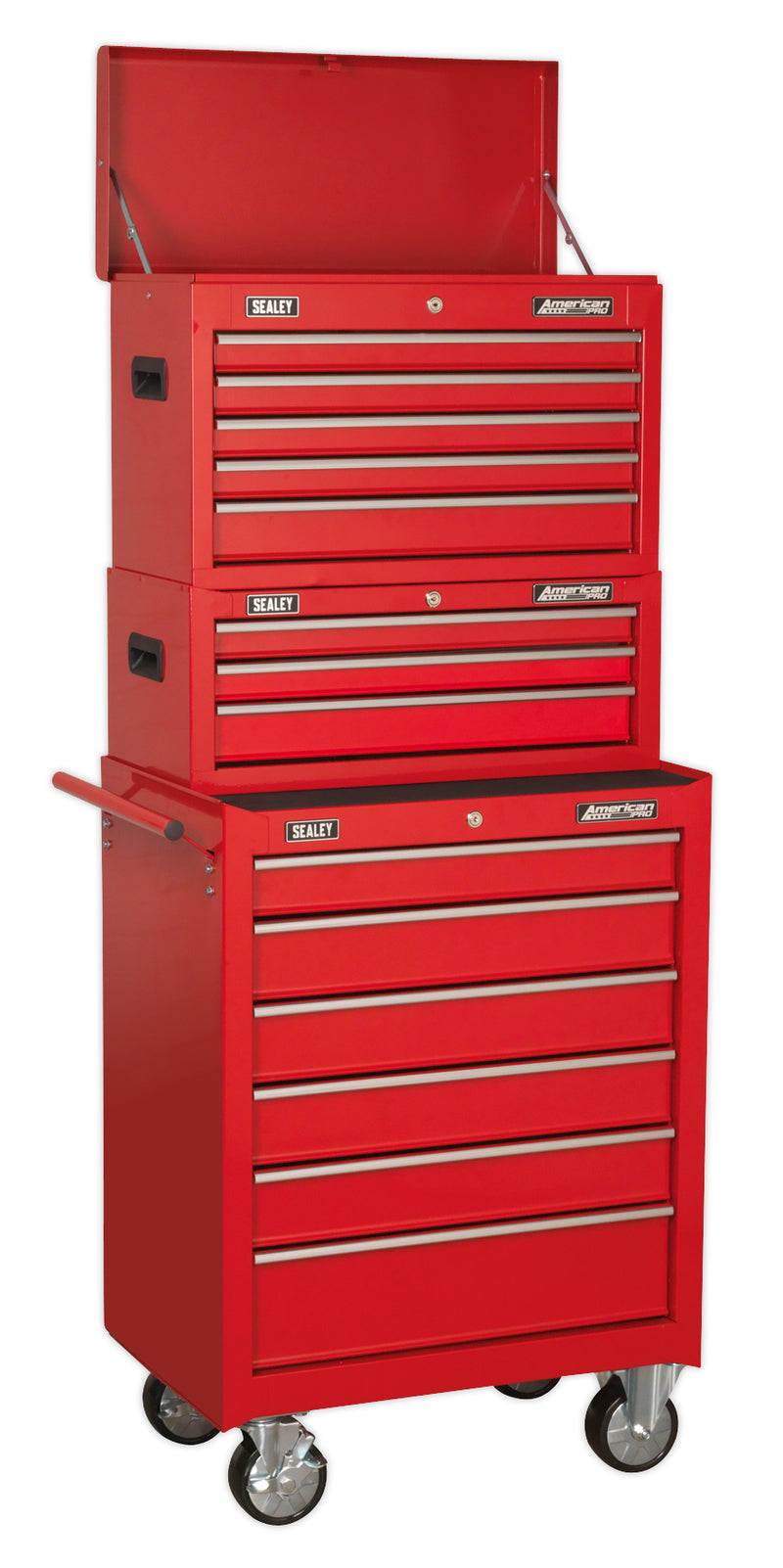 Topchest, Mid-Box Tool Chest & Rollcab 14 Drawer Stack - Red