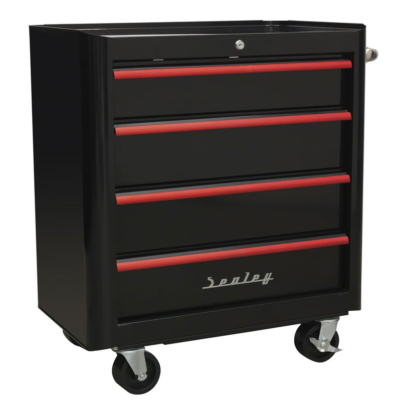 Rollcab 4 Drawer Retro Style- Black with Red Anodised Drawer Pulls