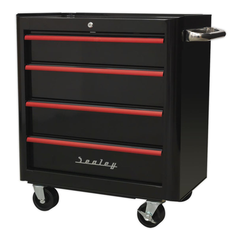 Rollcab 4 Drawer Retro Style- Black with Red Anodised Drawer Pulls