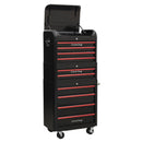 Sealey Premier&trade; Retro Style Topchest, Mid-Box Tool Chest & Rollcab Combination 10 Drawer - Black with Red Anodised Drawer Pulls AP28COMBO2BR