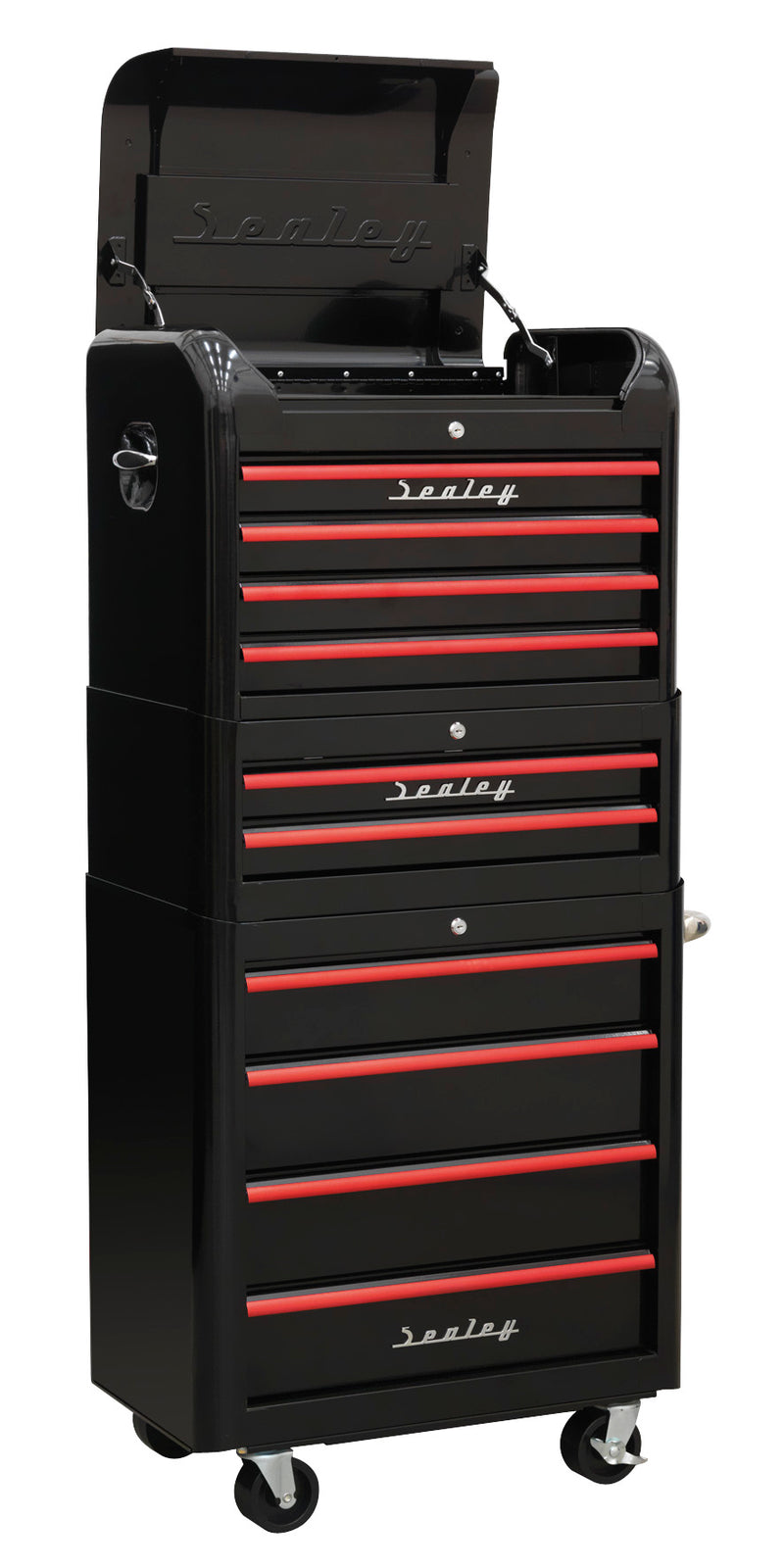 Retro Style Topchest, Mid-Box Tool Chest & Rollcab Combination 10 Drawer - Black with Red Anodised Drawer Pulls