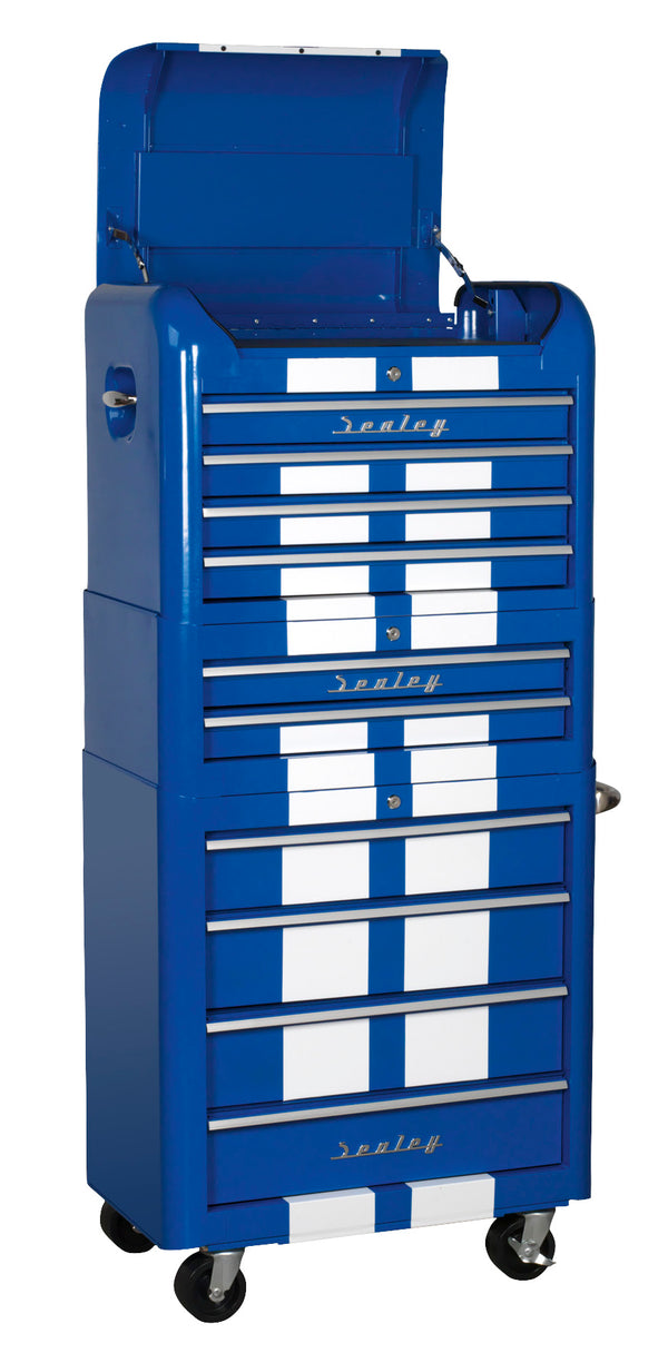 Retro Style Topchest, Mid-Box Tool Chest & Rollcab Combination 10 Drawer Blue/White Stripes