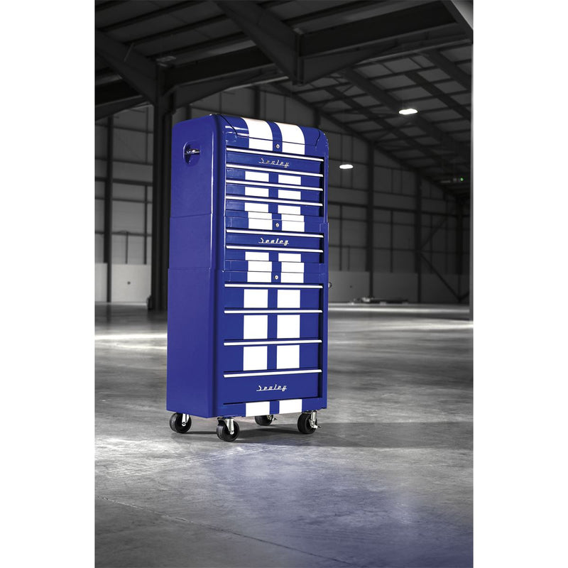 Retro Style Topchest, Mid-Box Tool Chest & Rollcab Combination 10 Drawer Blue/White Stripes