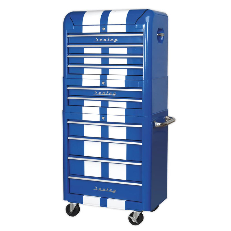 Retro Style Topchest, Mid-Box Tool Chest & Rollcab Combination 10 Drawer Blue/White Stripes