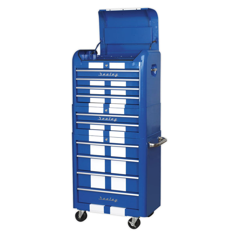 Retro Style Topchest, Mid-Box Tool Chest & Rollcab Combination 10 Drawer Blue/White Stripes