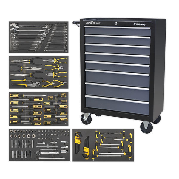 Rollcab 8 Drawer with Ball-Bearing Slides - Black/Grey & 302pc Tool Kit