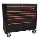 Sealey Premier&trade; Retro Style Wide Rollcab 6 Drawer - Black with Red Anodised Drawer Pulls AP41206BR