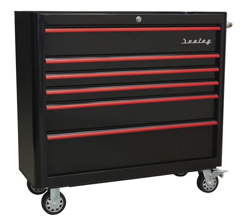 Rollcab 6 Drawer Wide Retro Style - Black with Red Anodised Drawer Pulls