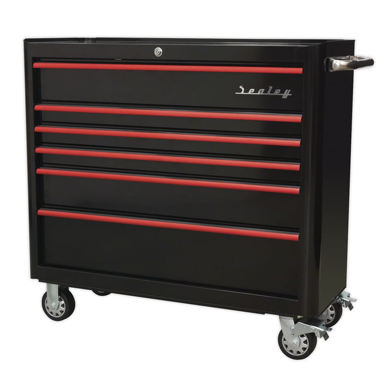 Rollcab 6 Drawer Wide Retro Style - Black with Red Anodised Drawer Pulls