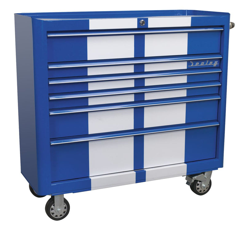 Rollcab 6 Drawer Wide Retro Style - Blue with White Stripes