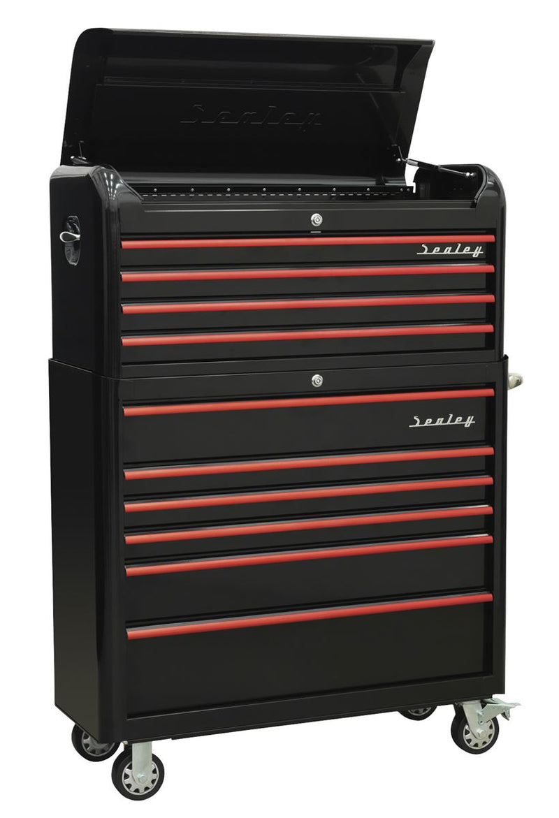 Retro Style Wide Topchest & Rollcab Combination 10 Drawer-Black with Red Anodised Drawer Pulls