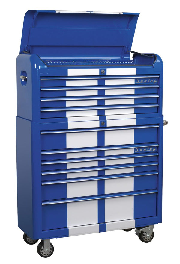 Retro Style Wide Topchest & Rollcab Combination 10 Drawer Blue/White Stripes