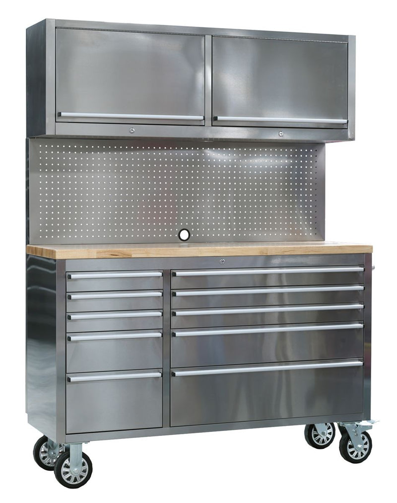 Mobile Stainless Steel Tool Cabinet 10 Drawer with Backboard & 2 Wall Cupboards