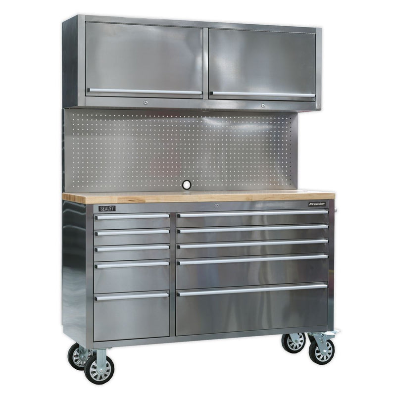 Mobile Stainless Steel Tool Cabinet 10 Drawer with Backboard & 2 Wall Cupboards