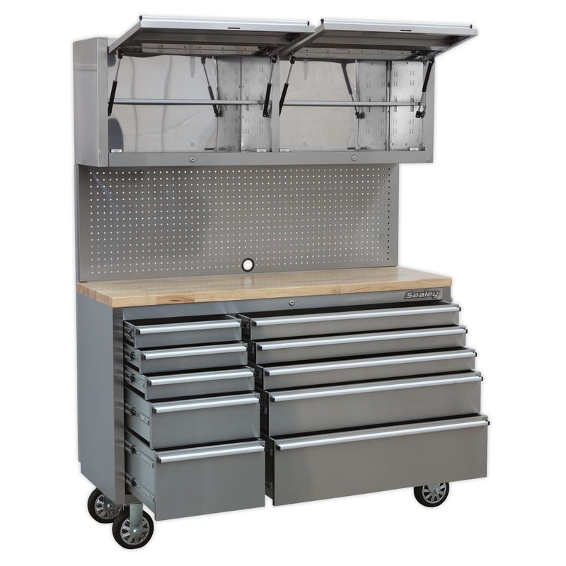 Mobile Stainless Steel Tool Cabinet 10 Drawer with Backboard & 2 Wall Cupboards