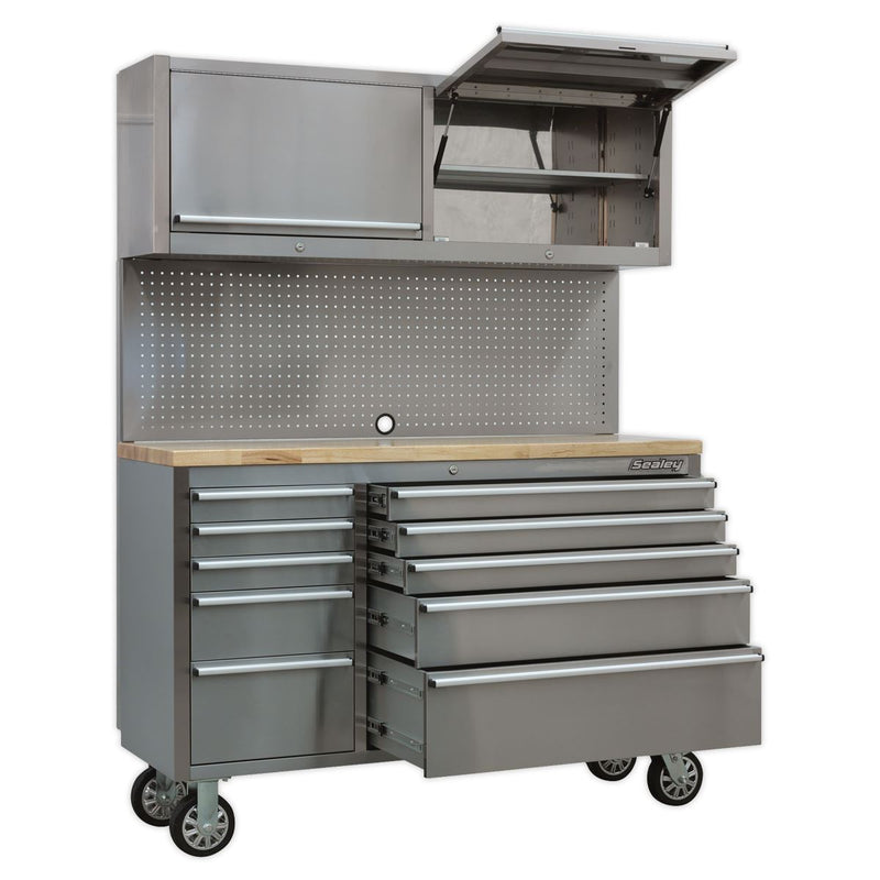 Mobile Stainless Steel Tool Cabinet 10 Drawer with Backboard & 2 Wall Cupboards