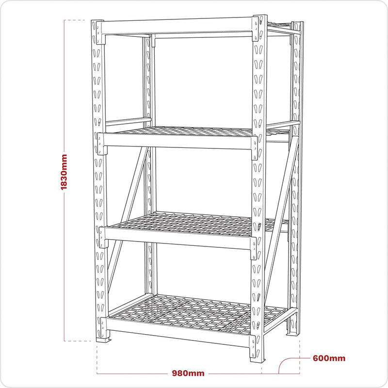 Heavy-Duty Racking Unit with 4 Mesh Shelves 640kg Capacity Per Level 978mm