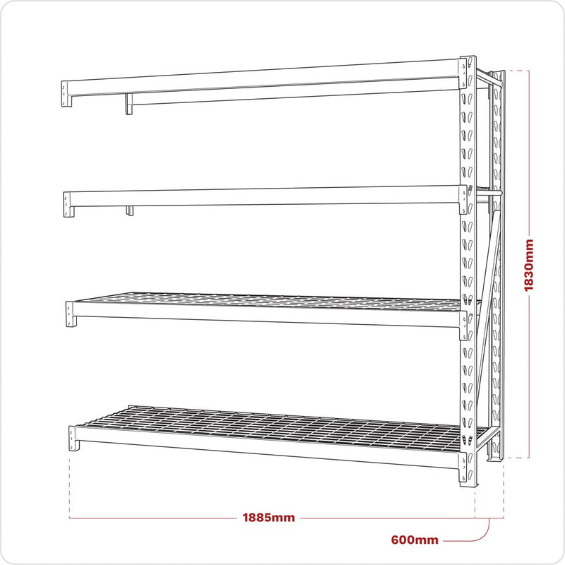 Heavy-Duty Racking Extension Pack with 4 Mesh Shelves 640kg Capacity Per Level