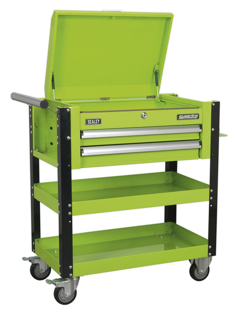 Heavy-Duty Mobile Tool & Parts Trolley 2 Drawers & Lockable Top - Green