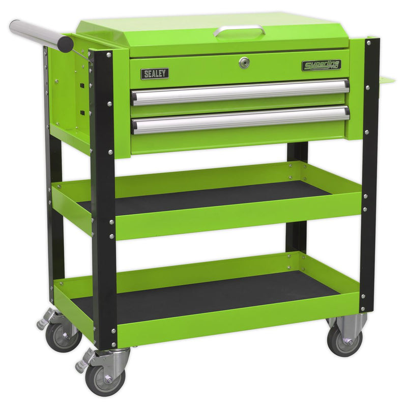 Heavy-Duty Mobile Tool & Parts Trolley 2 Drawers & Lockable Top - Green