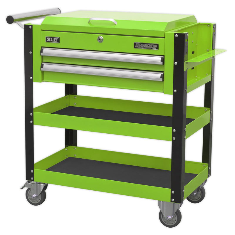 Heavy-Duty Mobile Tool & Parts Trolley 2 Drawers & Lockable Top - Green