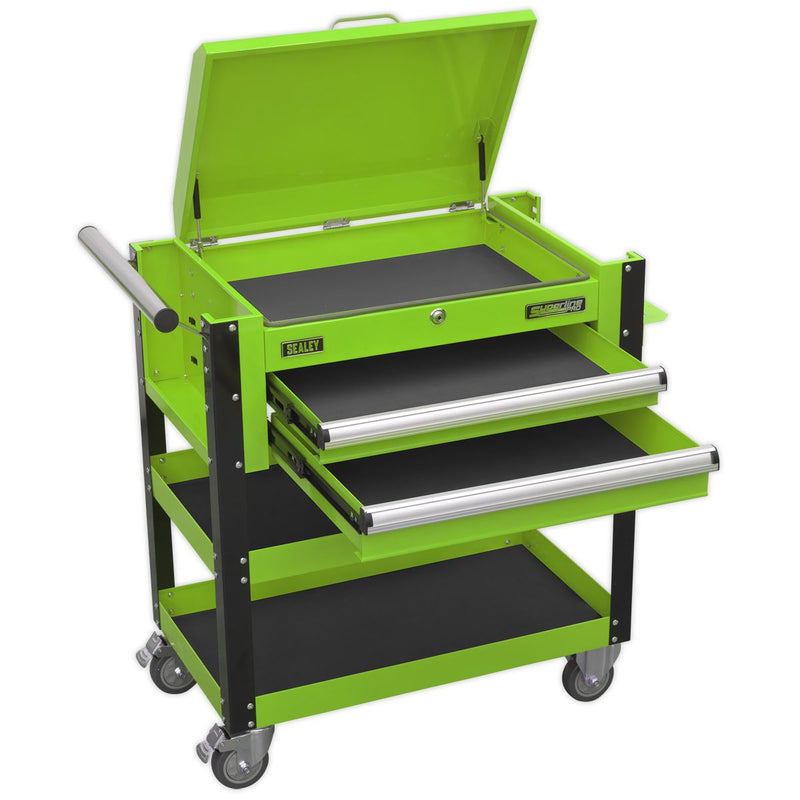 Heavy-Duty Mobile Tool & Parts Trolley 2 Drawers & Lockable Top - Green